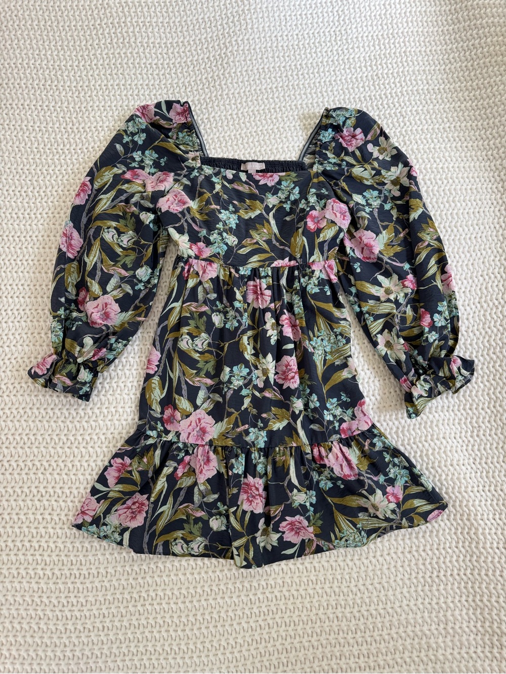 Chelsea28 Black Floral Square-Neck Puff Sleeve Mini Dress with Pink Blooms